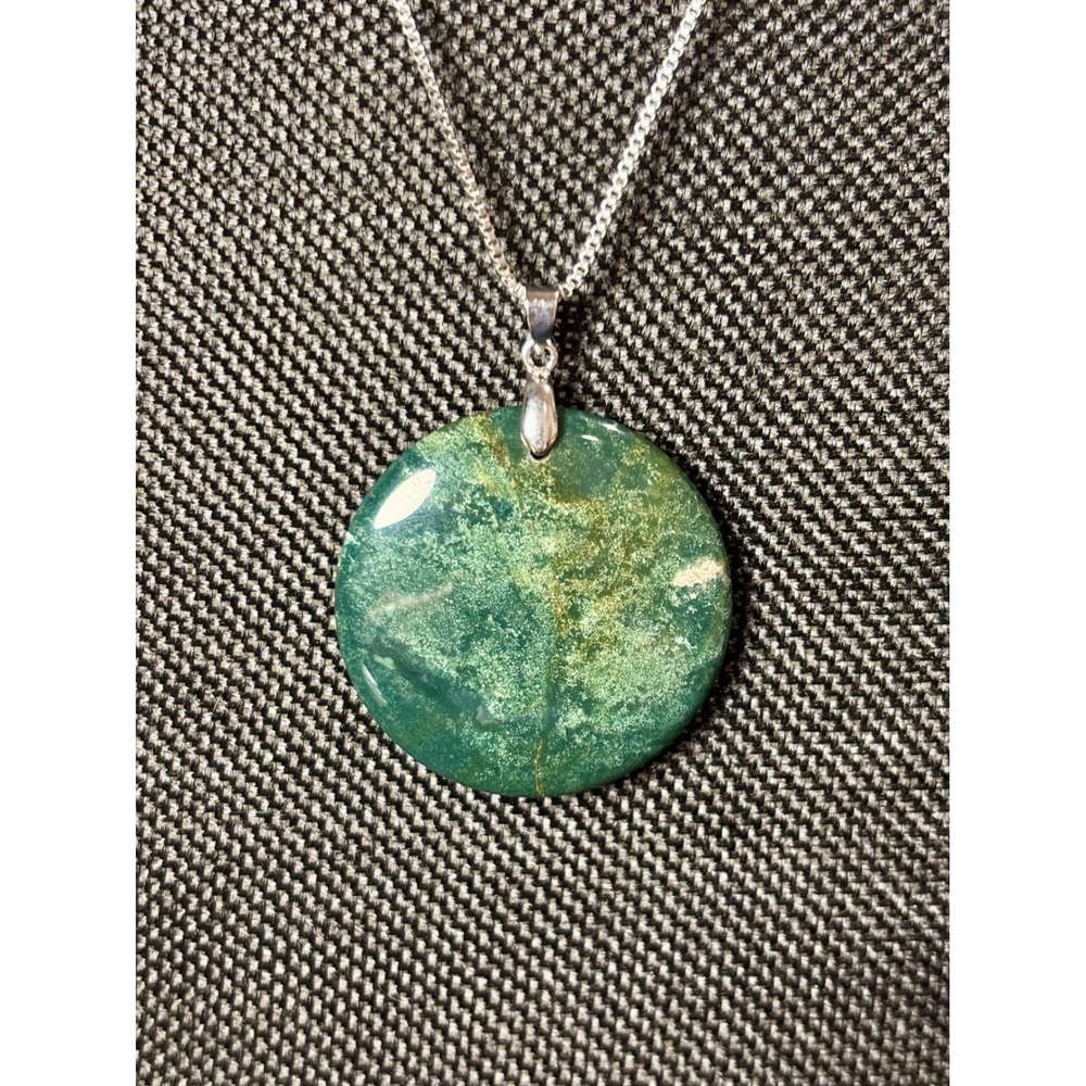 Green Moss Agate Donut Pendant Necklace Stainless Steel Box Chain Adjustable